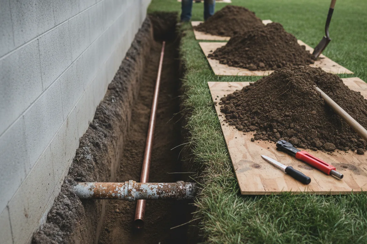 Excavated water line trench during Water Softener Installation in Lebanon